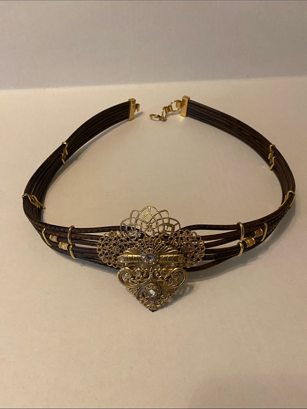 Gold Filigree Pendant Brown Multi-Strand Belt